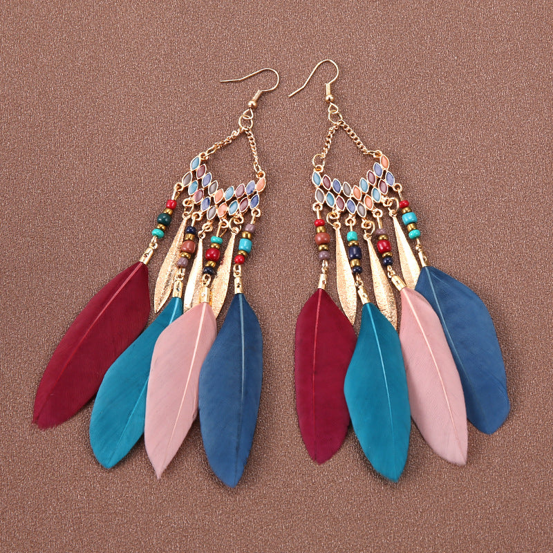 Wholesale Bohemian Feather Long Earrings